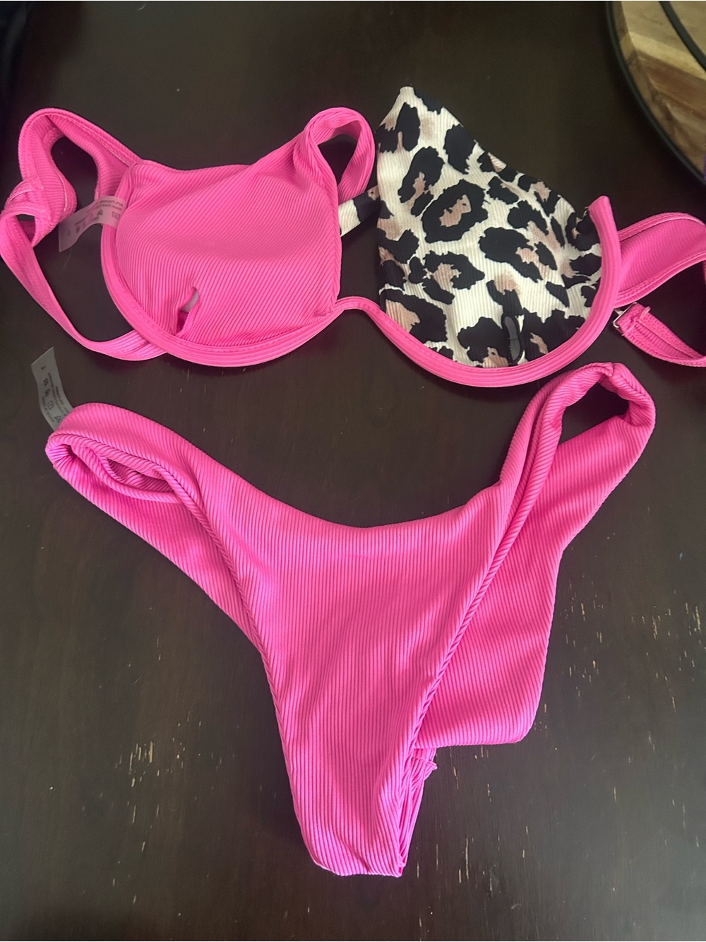 SHEIN Hot Pink Ribbed Bikini Set with Leopard Accent